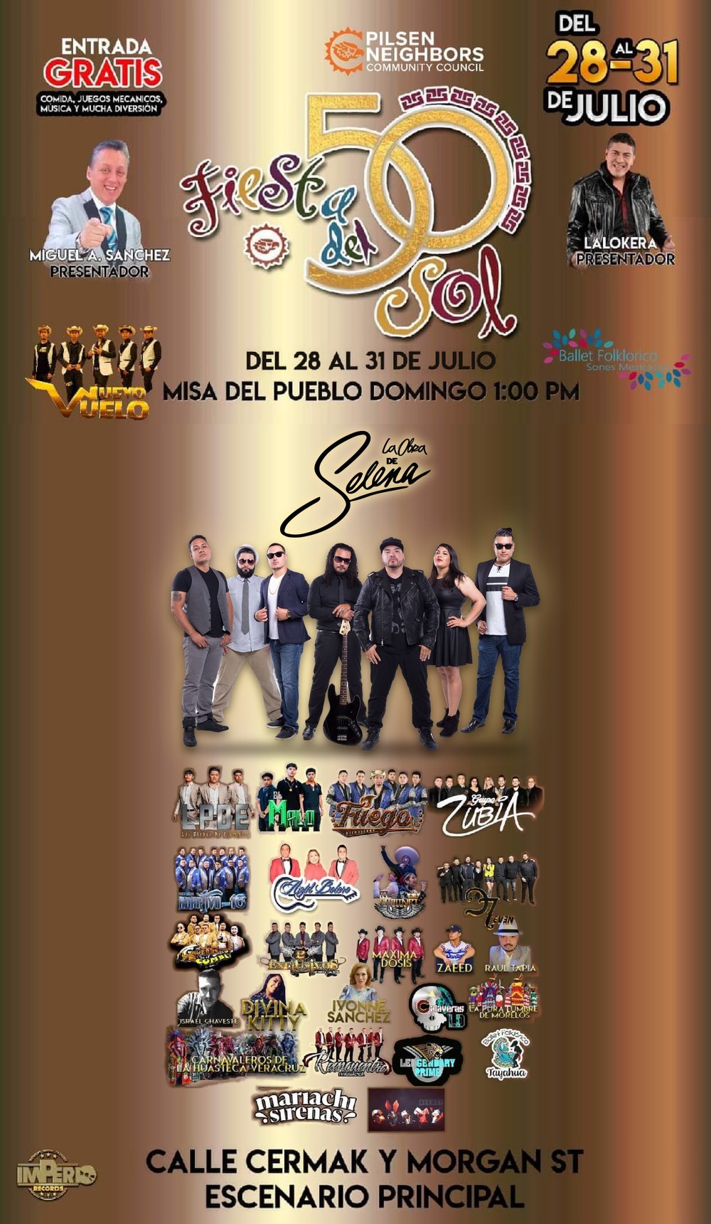 Fiesta del Sol flyer, Pilsen, Chicago, July 28 to 31, featuring La Obra de Selena